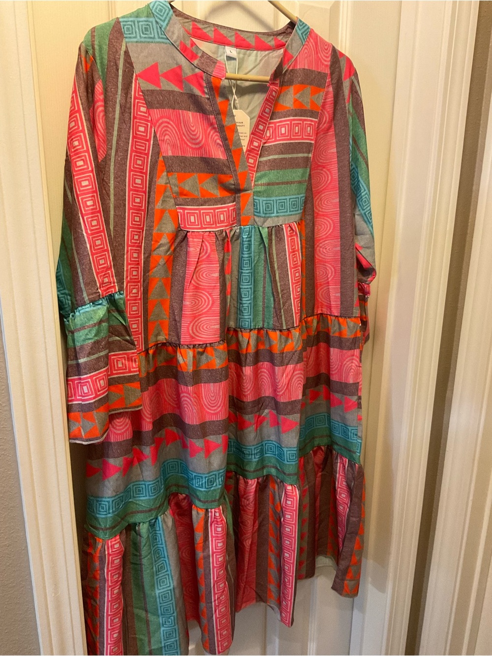 Coral Pink & Teal Geometric Tiered Midi Dress